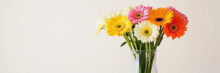 Aufkleber - Colorful gerbera daisies in a clear glass vase brightening a neutral room ambiance. Generative AI