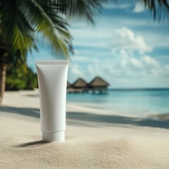 Aufkleber - Cosmetics cream tube stands on sand at a tranquil beach with palm trees and distant huts under a bright sky. Generative AI
