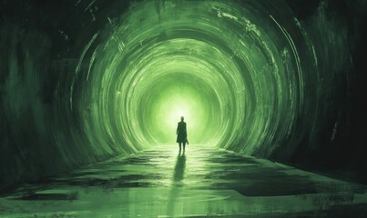 Wall Mural - A green, abstract tunnel featuring concentric circles, leading to a luminous light.