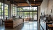 © Sawat - A contemporary loft coffee shop with glass panels, metal beams, and a rustic touch.