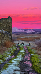 Canvas Print - Stunning Vector Art of Winter Pathway and Stone Wall at Sunset with Snow, Moss, and Mountain Scenery Under Vibrant Pink Sky - Ideal for Nature Illustrations