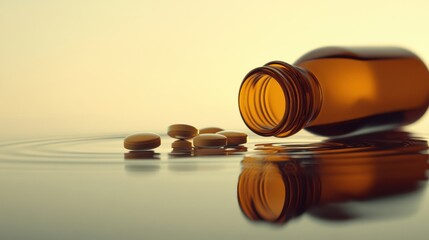 Aufkleber - Brown glass bottle spills yellow pills on reflective surface creating a serene ambiance in a calming setting. Generative AI