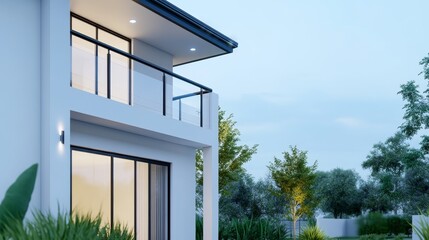 Wall Mural - Modern house exterior with balcony surrounded by lush greenery in a serene evening setting