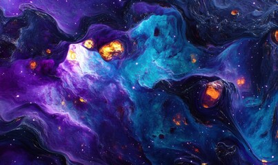 Wall Mural - Abstract cosmic nebula with bright glowing colors and stars, deep space elements blending into a mesmerizing composition, rich purple and blue tones