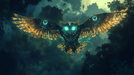 Poster - A cybernetic neon owl flies over a dark digital forest a guardian of vr secrets and hacker nemesis. Cybernetic Forest Guardians. Illustration