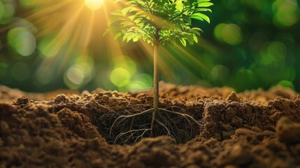 Wall Mural - A young sapling emerges from rich soil, illuminated by sunlight, surrounded by a vibrant green forest backdrop