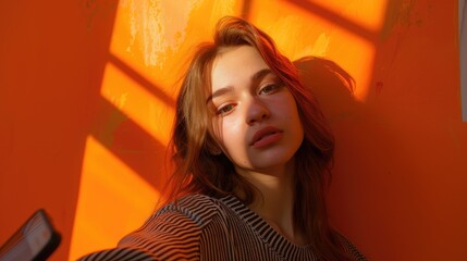 Wall Mural - A young woman poses for a selfie against a vibrant orange wall, illuminated by soft sunlight through window shadows