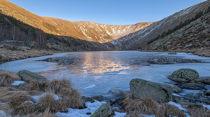 Wall Mural - Frozen lake in mountain valley glows in winter sunlight. Usage stock image