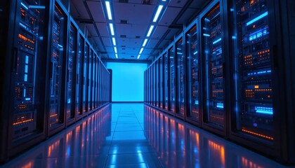 futuristic data server room with glowing blue lights and high tech digital cloud computing network i