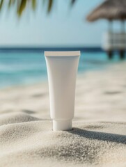 Poster - White cosmetics cream tube on sandy beach with calm ocean in background showcasing a minimalist design and natural setting. Generative AI