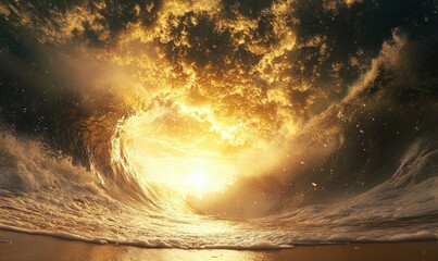 Poster - Seen from below, a mighty wave smashes onto the sandy coastline, while the light from the surface shines through, forming a gorgeous spectacle.