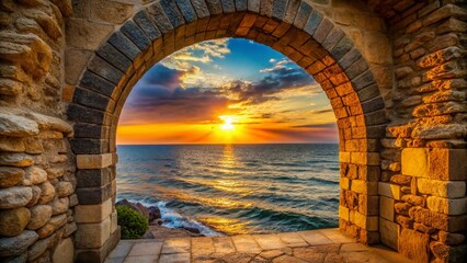 Wall Mural - Sunset Ocean View Through Stone Archway - Coastal Landscape Photography