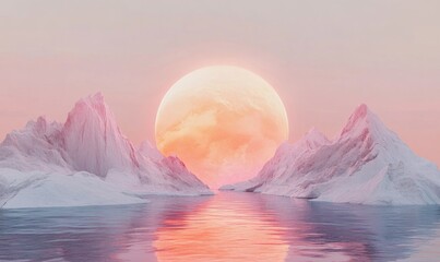 Poster - a stunning digital illustration of a surreal landscape with stylized mountains and a large, setting 