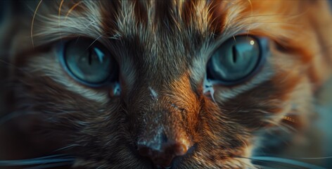 Wall Mural - Close-up of a vibrant orange cat with striking blue eyes, showcasing intricate fur details and a soft focus background