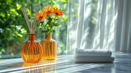 Wall Mural - Home decor of orange vases, flowers, and towels in soft sunlight indoors for wellness