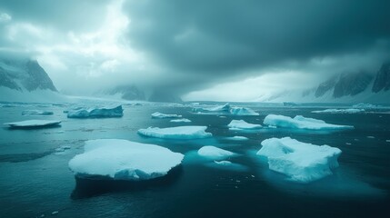 Wall Mural - Icebergs drift in cold water, mountains in background. Travel, Climate use