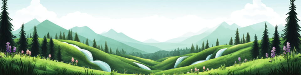 Wall Mural - Lush Green Hills with Waterfalls and Wildflowers in Mountain Vector Landscape Design with Pine Trees, Perfect for Nature-Themed Graphics and Illustrations