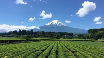 Wall Mural - Scenic view of lush green tea fields in foreground with Mount Fuji towering under a clear blue sky