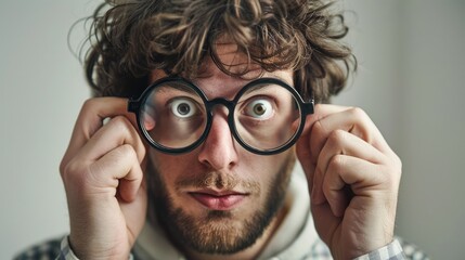 Wall Mural - A surprised young man with curly hair and oversized glasses, showcasing a quirky expression in a minimalist indoor setting