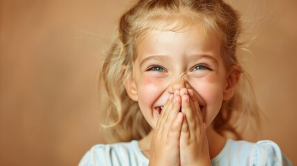 Wall Mural - Joyful young girl with blonde hair smiling and covering her mouth, set against a warm, neutral background