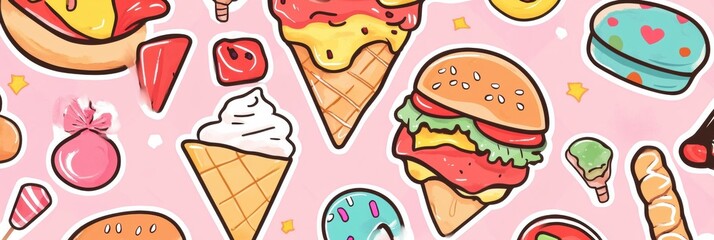 Poster - Colorful food stickers featuring playful pizza slices and assorted culinary delights on a fun background. Generative AI