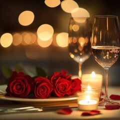 Poster - Romantic dinner setting with red roses and candles creating a cozy ambiance for a special evening. Generative AI