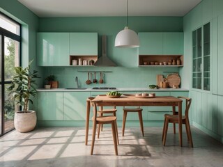 Wall Mural - Stylish mint green kitchen featuring a wooden table and chairs