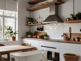 Wall Mural - Bright modern kitchen features wooden accents and indoor greenery