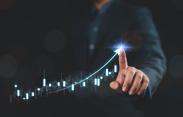 Poster - Businessman showing business growth and success graph, financial efficiency and investment with business strategy for goals and opportunities in the industry future, concept of progress in development