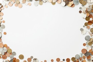 Various coins and banknotes arranged in a frame on a white surface creating a unique display for financial themes. Generative AI