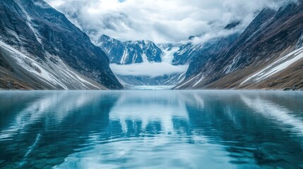 Wall Mural - Mountain lake reflects snowy peaks, clouds, and glacier; scenic travel backdrop