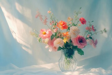 Aufkleber - Colorful bouquet of assorted flowers in a glass vase on a soft blue background. Generative AI