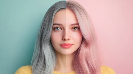 Poster - Transitioning from gray to vibrant hair colors with a striking dual tone effect. Generative AI