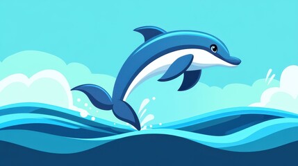 Poster - A sleek dolphin leaps gracefully from waves, captured in a clean, minimalistic D style, exuding modern charm.