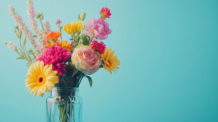 Poster - Bright and colorful flower arrangement in a clear jar against a blue background with creative design elements. Generative AI