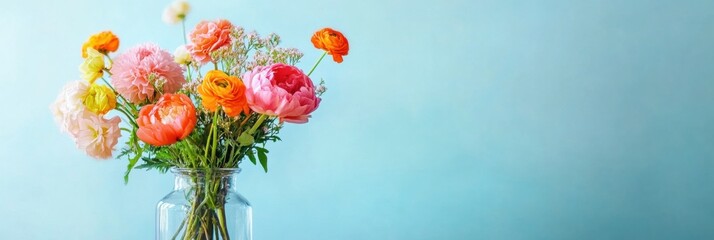 Aufkleber - Colorful bouquet of fresh flowers arranged in a clear vase against a light blue background on a sunny day. Generative AI