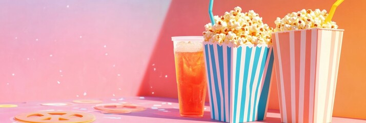 Poster - Enjoying popcorn and a refreshing drink at a colorful movie night celebration with vibrant decorations. Generative AI
