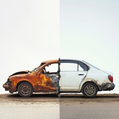 Poster - Dented rusted car juxtaposed with perfectly repaired vehicle showcasing transformation results. Generative AI