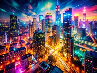 Poster - Vibrant Neon Cityscape Double Exposure: Abstract Urban Night Photography