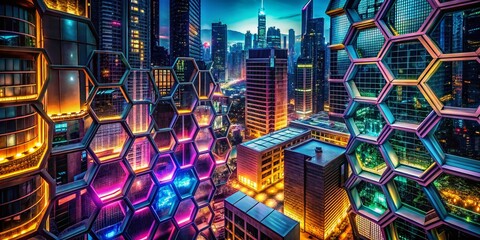 Aufkleber - Vibrant Neon Hexagon Grid Architecture, Futuristic Cityscape, Glowing Lights, Night Photography