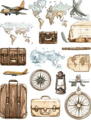 Poster - Stickers featuring travel themed elements with maps and luggage designs for creative projects and decorations. Generative AI