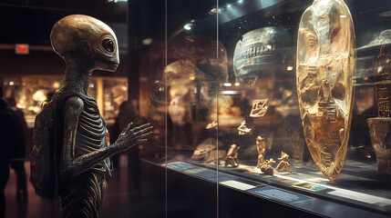 Wall Mural - Photo depicting an alien explorer examining human artifacts in a museum, sparking conversations about the mysteries of space and time. Intergalactic Artifacts. Illustration