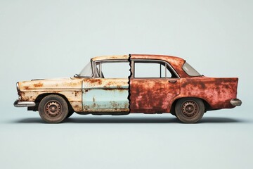 Poster - Comparison of a dented and rusted car alongside its perfectly restored version showcasing vehicle repair effects. Generative AI