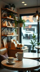 Wall Mural - This stunning coffee shop photograph featuring a cozy shelf and table setup perfect for a cafe