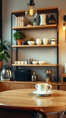 Wall Mural - This stunning coffee shop photograph featuring a cozy shelf and table setup perfect for a cafe