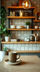 Wall Mural - This stunning coffee shop photograph featuring a cozy shelf and table setup perfect for a cafe