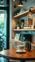 Wall Mural - This stunning coffee shop photograph featuring a cozy shelf and table setup perfect for a cafe