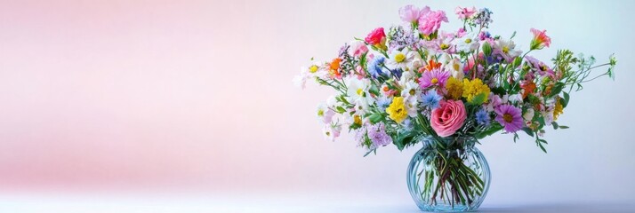 Aufkleber - Beautiful and vibrant bouquet of fresh flowers in a clear glass vase on pastel background. Generative AI