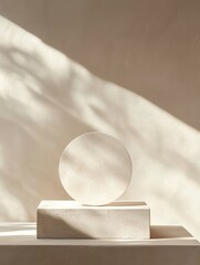 Aufkleber - Minimalist sculpture on a pedestal showcasing soft shadows in a serene and calming indoor space. Generative AI
