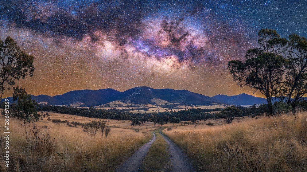 Milky Way Galaxy Over Serene Australian Outback Landscape Stock